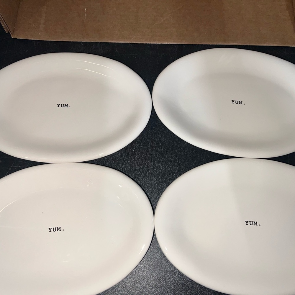 Rae Dunn White Oval Plates with 'YUM' Design